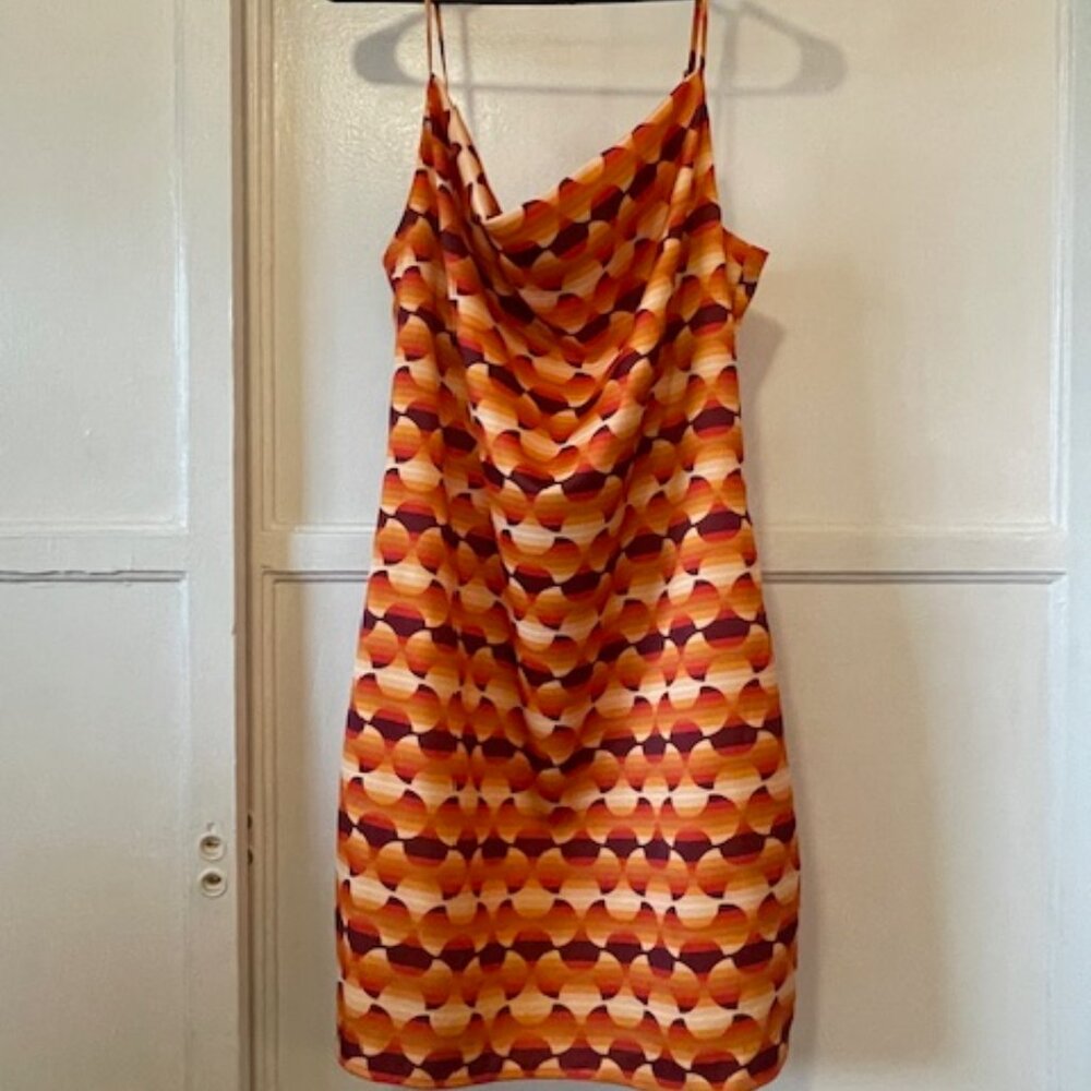 Urban Outfitters NWT Geometric Mini Dress Large Orange Cowl Neckline Y2K Artsy